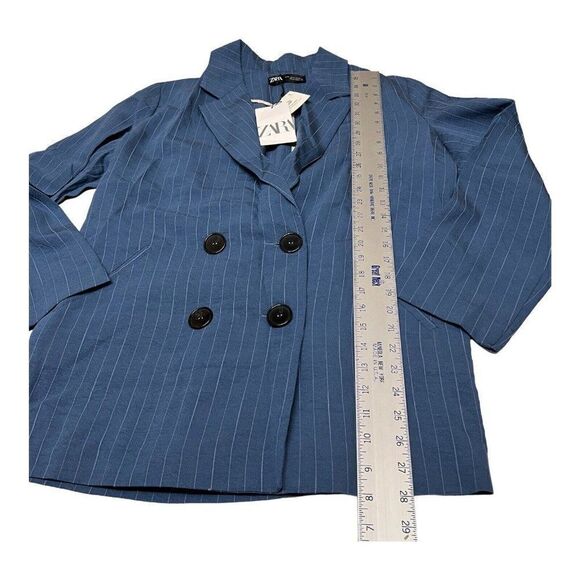 ZARA Blazer WMNS M Blue‎ Pinstripe Double-breasted Oversized Jacket Lapel Collar - Picture 5 of 13